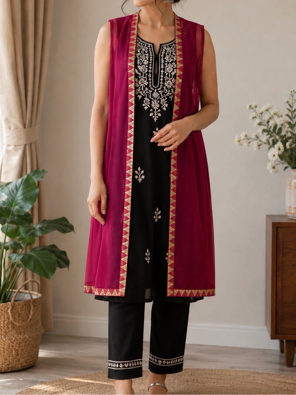 Sheer Magenta Open Front Long Vest with Embroidered Trim